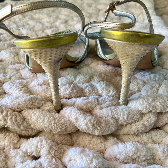 Rene Caovilla Bejeweled Rhinestone Buckle Metallic Leather Snakeskin Heel Sandal - Picture 8 of 11